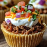 Plate of delicious Taco Cupcakes topped with fresh ingredients.