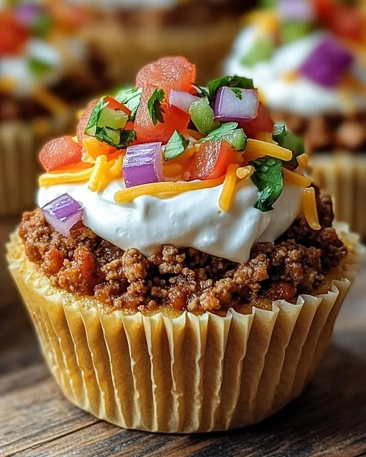 Plate of delicious Taco Cupcakes topped with fresh ingredients.