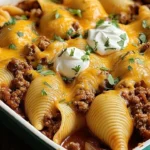 Delicious Taco Stuffed Shells filled with seasoned meat and cheese