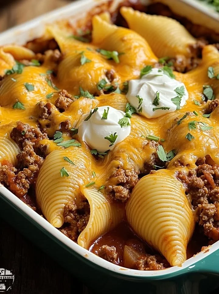 Delicious Taco Stuffed Shells filled with seasoned meat and cheese