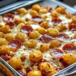 Tater Tot Pizza Casserole with melted cheese and toppings