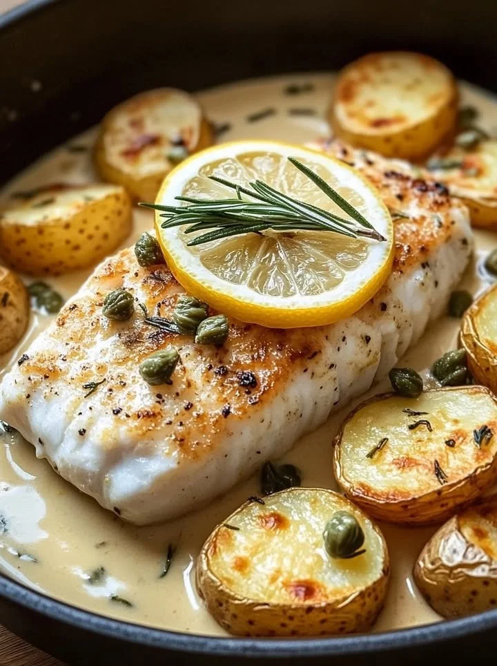 Tender baked cod with Yukon potatoes in creamy rosemary and lemon sauce