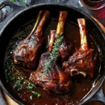 Delicious tender braised lamb shanks served with savory herbs and sauce.