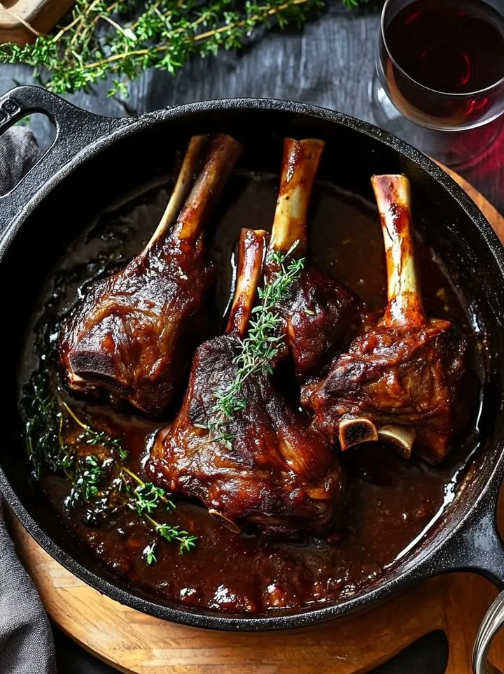 Delicious tender braised lamb shanks served with savory herbs and sauce.