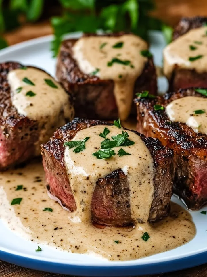 Tender steak bites served in a creamy parmesan sauce