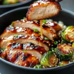 Teriyaki chicken bowl garnished with crispy Brussels sprouts and sesame seeds.