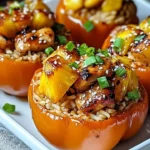 Teriyaki Pineapple Chicken and Rice Stuffed Peppers on a white plate