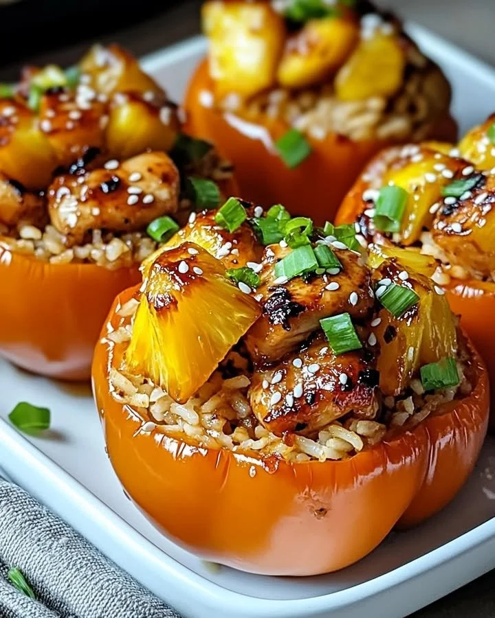 Teriyaki Pineapple Chicken and Rice Stuffed Peppers on a white plate