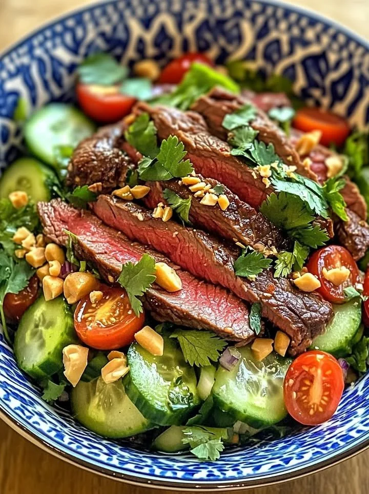 Delicious Thai Beef Salad with fresh vegetables and beef