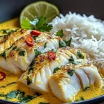 Thai Coconut Lemongrass Fish Stew served with Jasmine Rice in a bowl