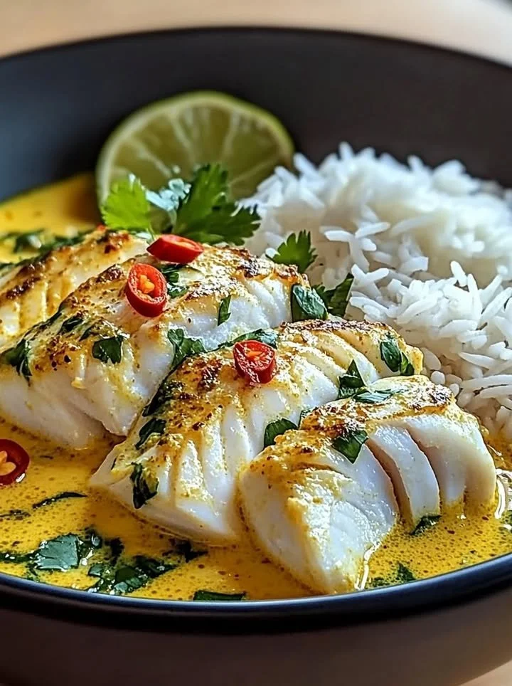 Thai Coconut Lemongrass Fish Stew served with Jasmine Rice in a bowl
