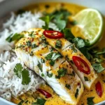 Thai Coconut Lemongrass Fish Stew with Jasmine Rice served in a bowl