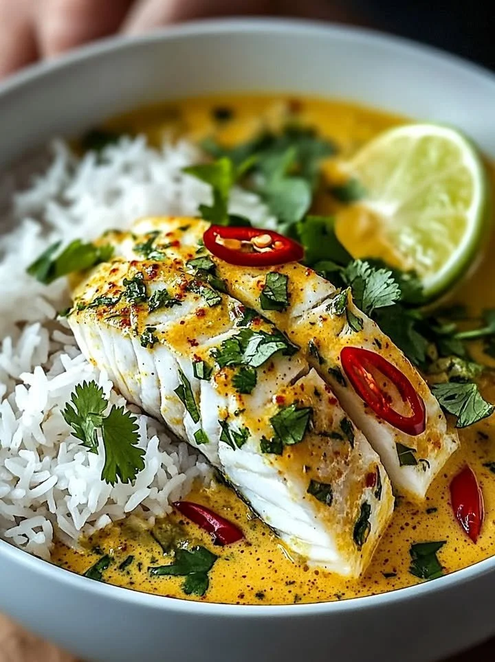Thai Coconut Lemongrass Fish Stew with Jasmine Rice served in a bowl