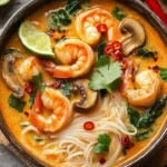Bowl of Thai Shrimp Coconut Noodle Soup with fresh herbs and shrimp