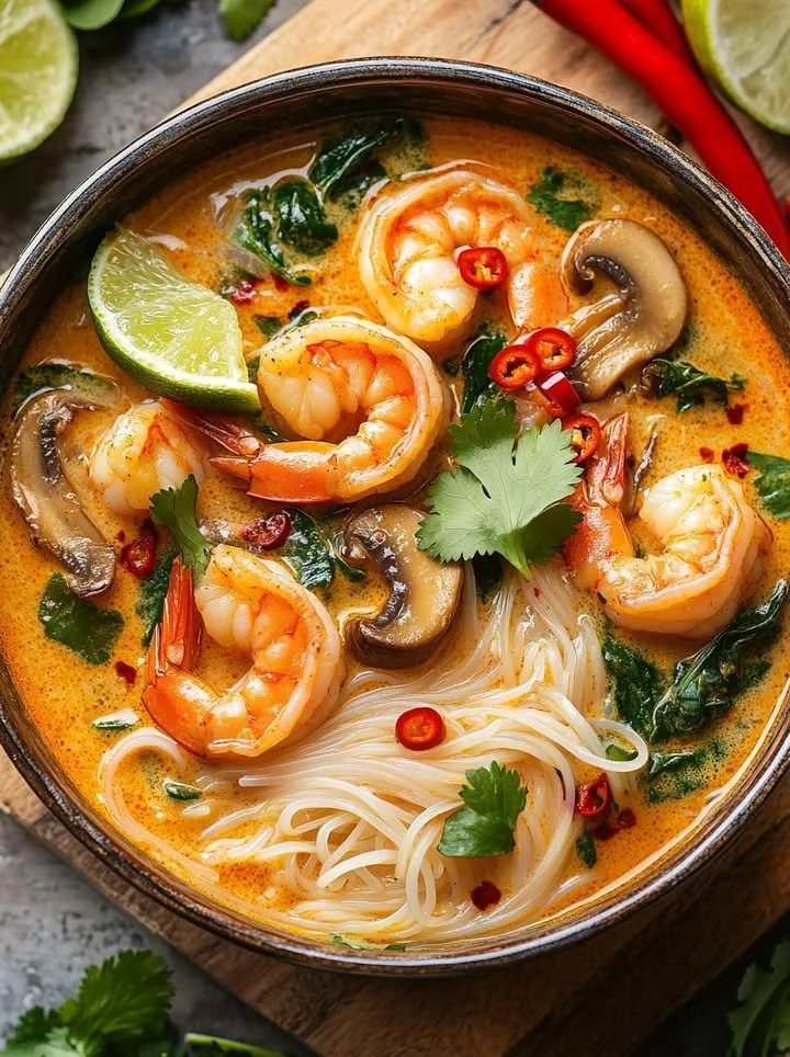 Bowl of Thai Shrimp Coconut Noodle Soup with fresh herbs and shrimp
