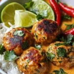 Thai spiced chicken meatballs with coconut curry sauce in a bowl