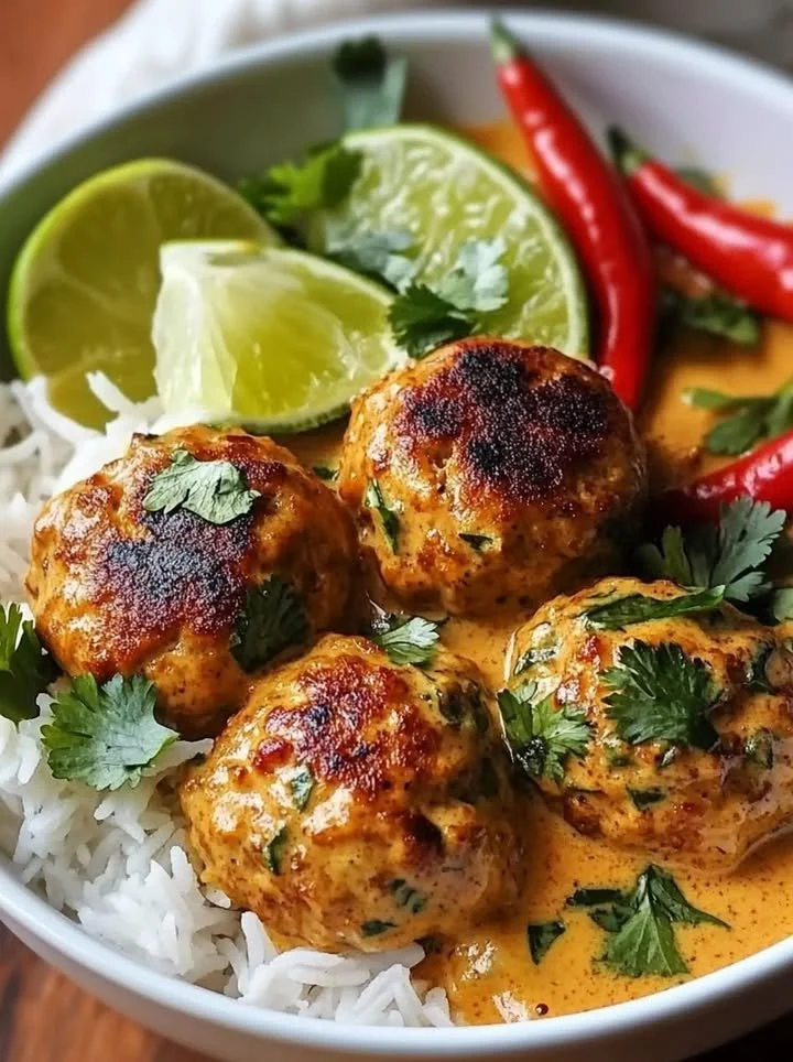 Thai spiced chicken meatballs with coconut curry sauce in a bowl