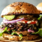 Delicious homemade black bean burgers served on a plate with fresh toppings