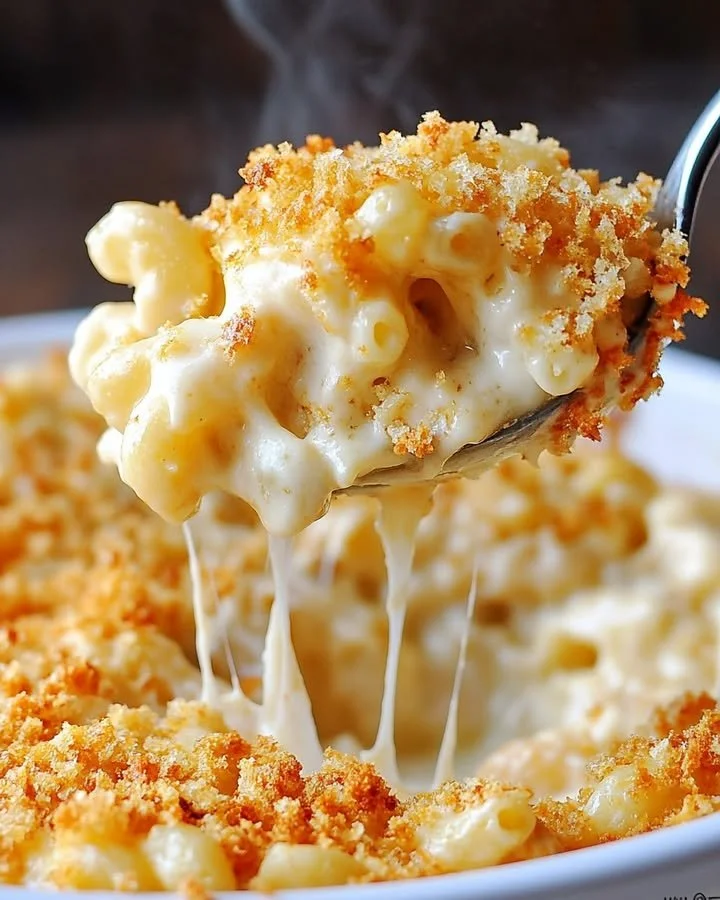 Delicious homemade baked mac and cheese with a golden crust and creamy cheese