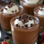 Delicious homemade chocolate pudding in a bowl, topped with whipped cream.