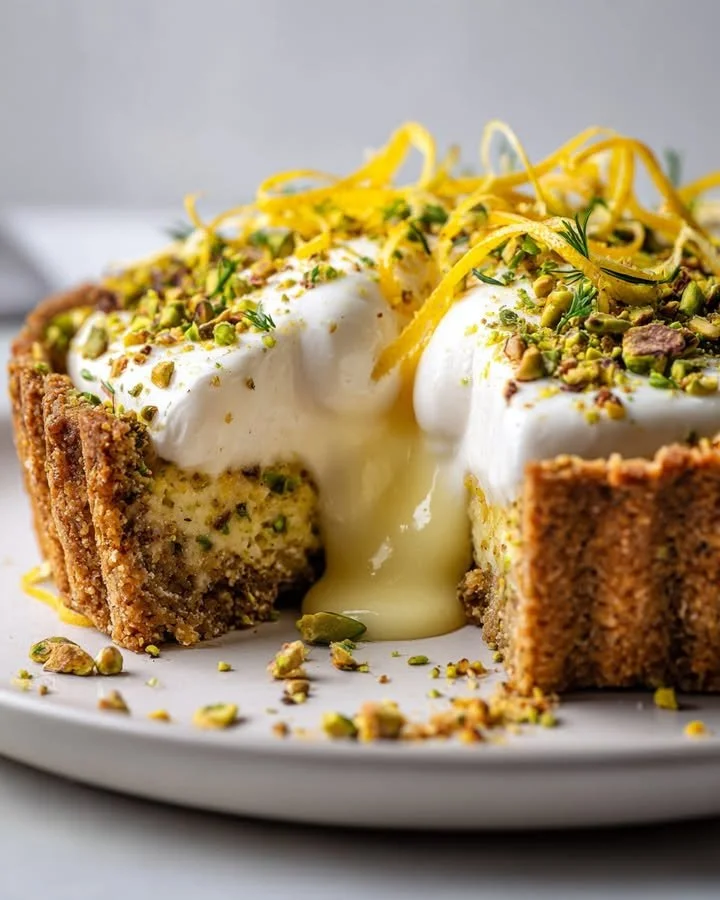 Burrata Explosion Tart garnished with fresh herbs and served on a rustic table