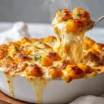 A delicious bowl of cozy gnocchi gratin topped with cheese and herbs