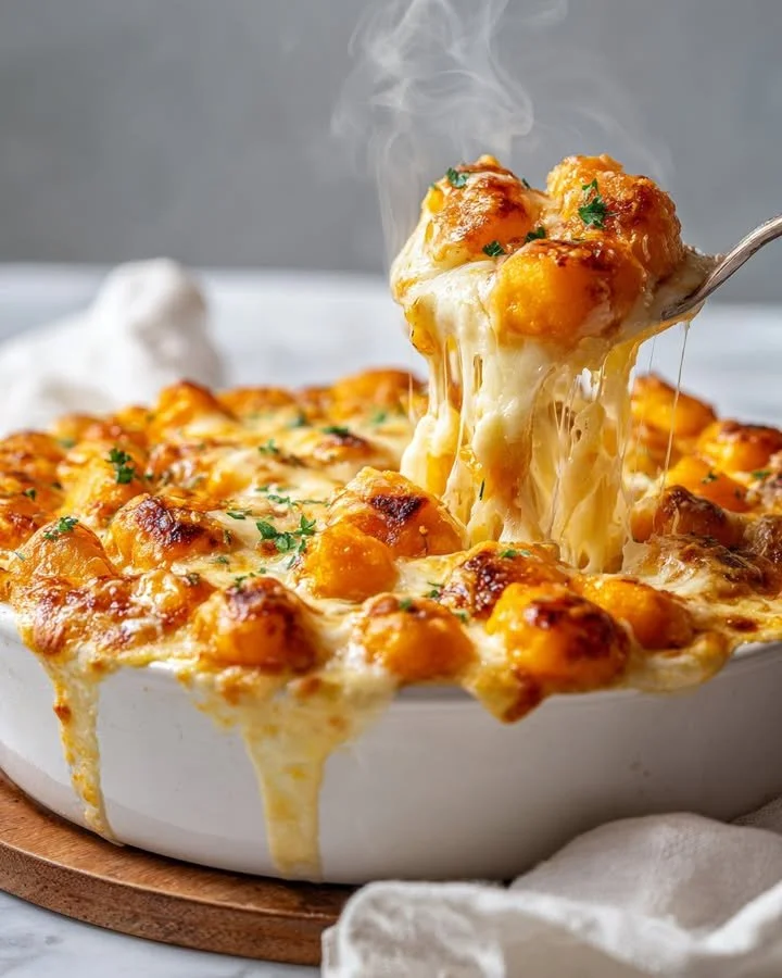 A delicious bowl of cozy gnocchi gratin topped with cheese and herbs
