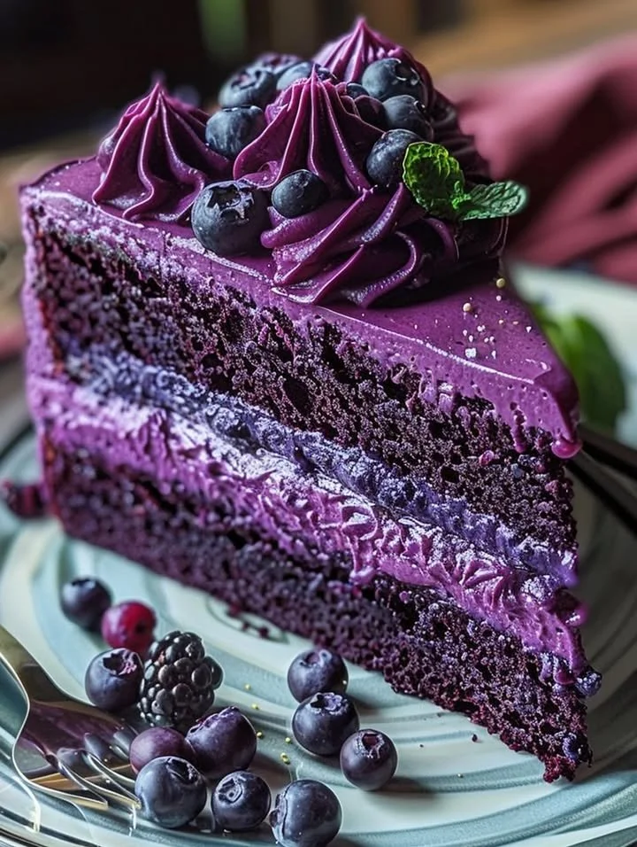 Delicious slice of ultimate purple velvet cake topped with cream cheese frosting