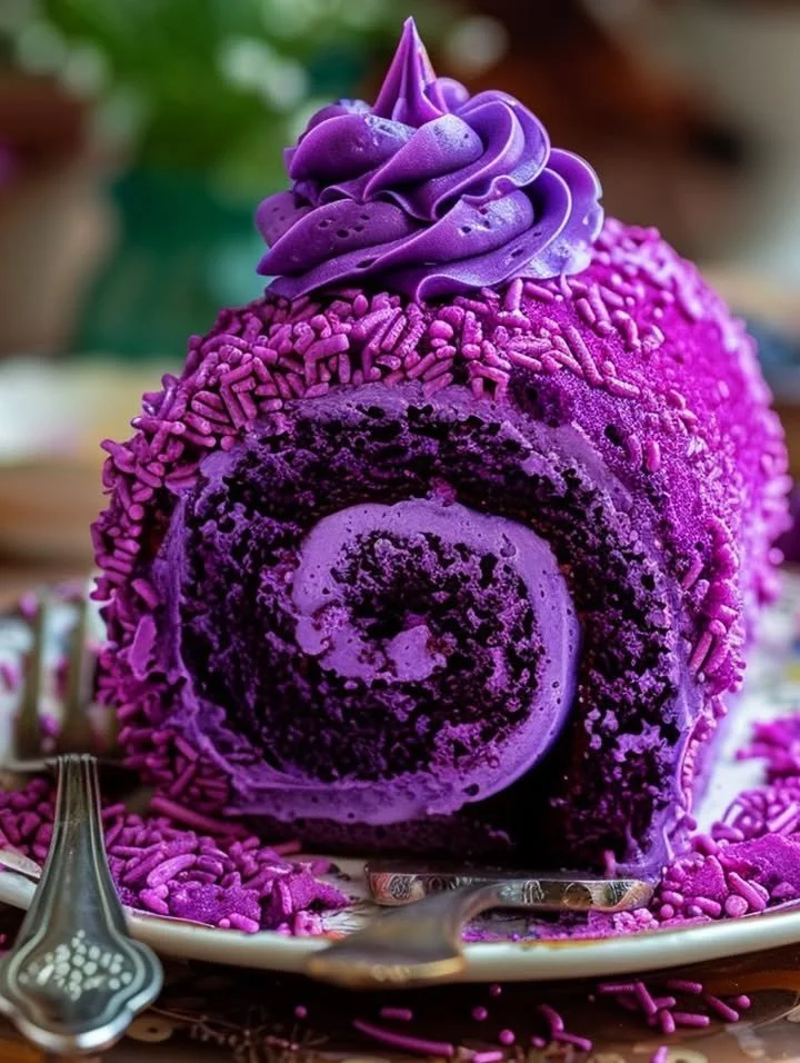 Sliced purple velvet cake roll with cream cheese filling on a white plate