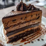 A delicious slice of coffee mousse cake topped with chocolate shavings.