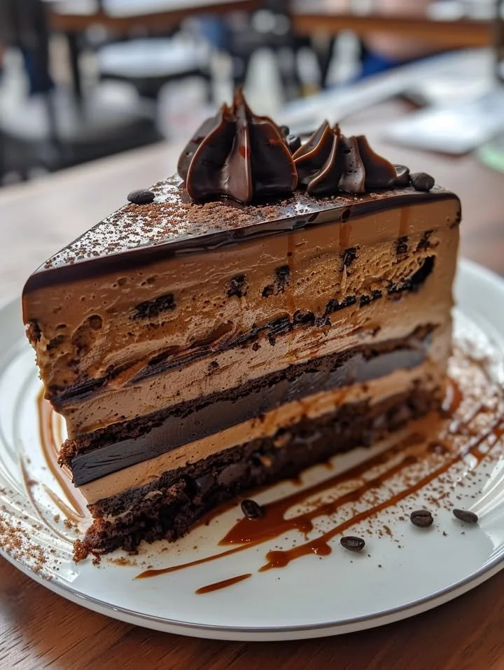 A delicious slice of coffee mousse cake topped with chocolate shavings.