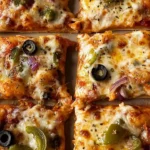 Thick-crust sheet pan veggie pizza with colorful vegetables