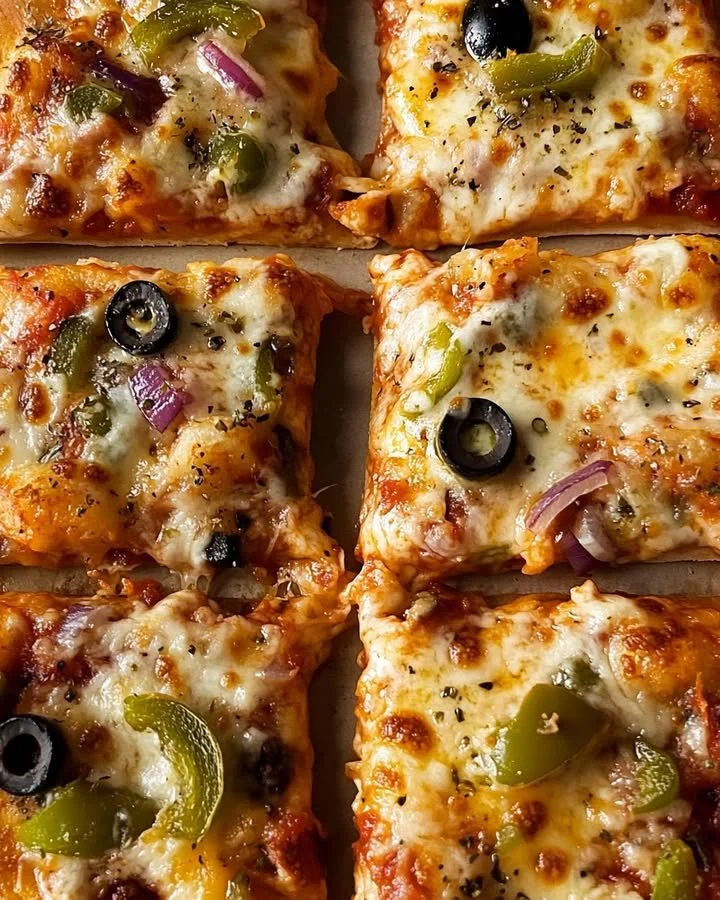 Thick-crust sheet pan veggie pizza with colorful vegetables