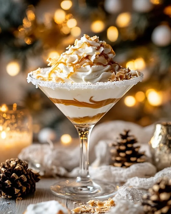 Toasted Coconut Caramel Mocktini garnished with coconut and caramel drizzle