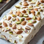 Traditional Italian Torrone, soft white nougat with nuts, delicious dessert