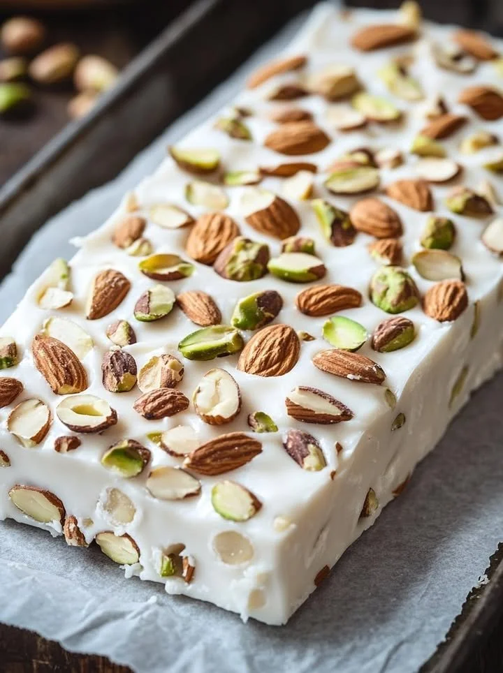 Traditional Italian Torrone, soft white nougat with nuts, delicious dessert