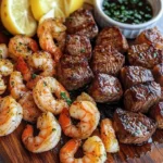 Plate of savory steak bites and shrimp garnished with herbs