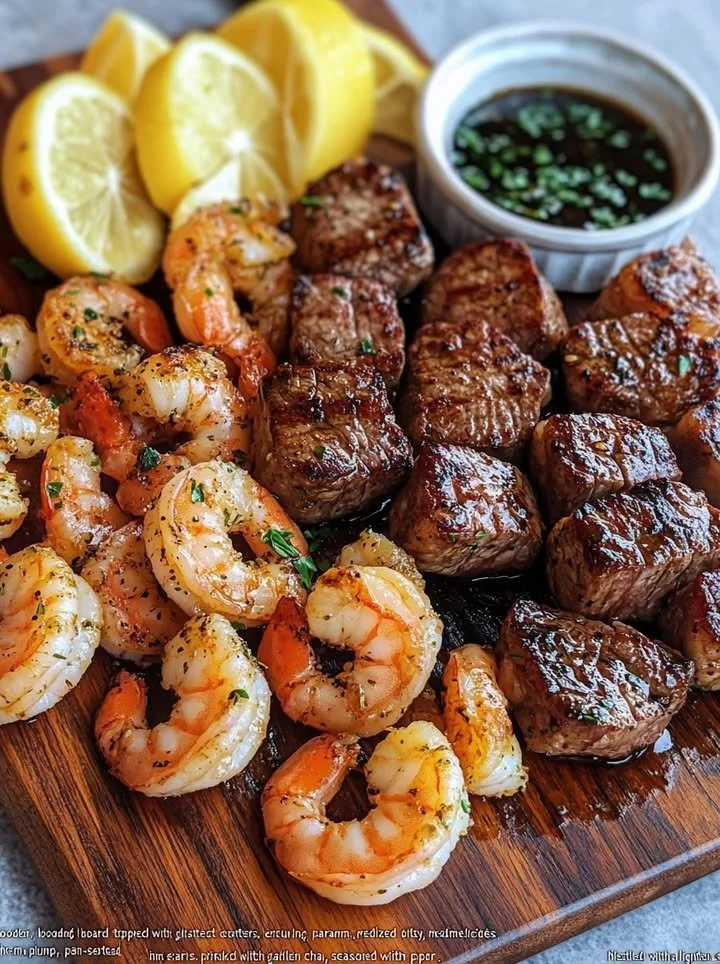 Plate of savory steak bites and shrimp garnished with herbs