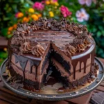 Delicious triple chocolate cheesecake slice topped with chocolate shavings