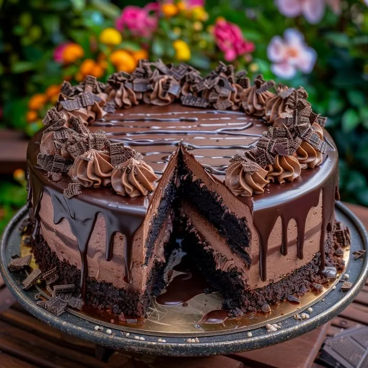 Delicious triple chocolate cheesecake slice topped with chocolate shavings