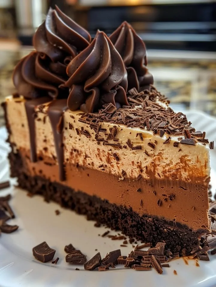 Triple chocolate cheesecake topped with chocolate shavings and berries