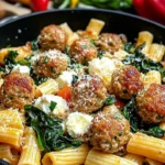 Turkey meatballs with ricotta served over garlic spinach rigatoni