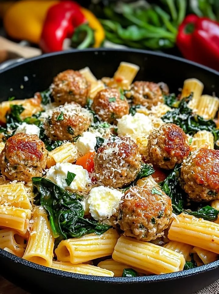 Turkey meatballs with ricotta served over garlic spinach rigatoni
