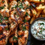 Delicious Tzatziki Chicken Skewers served with crispy herb feta fries