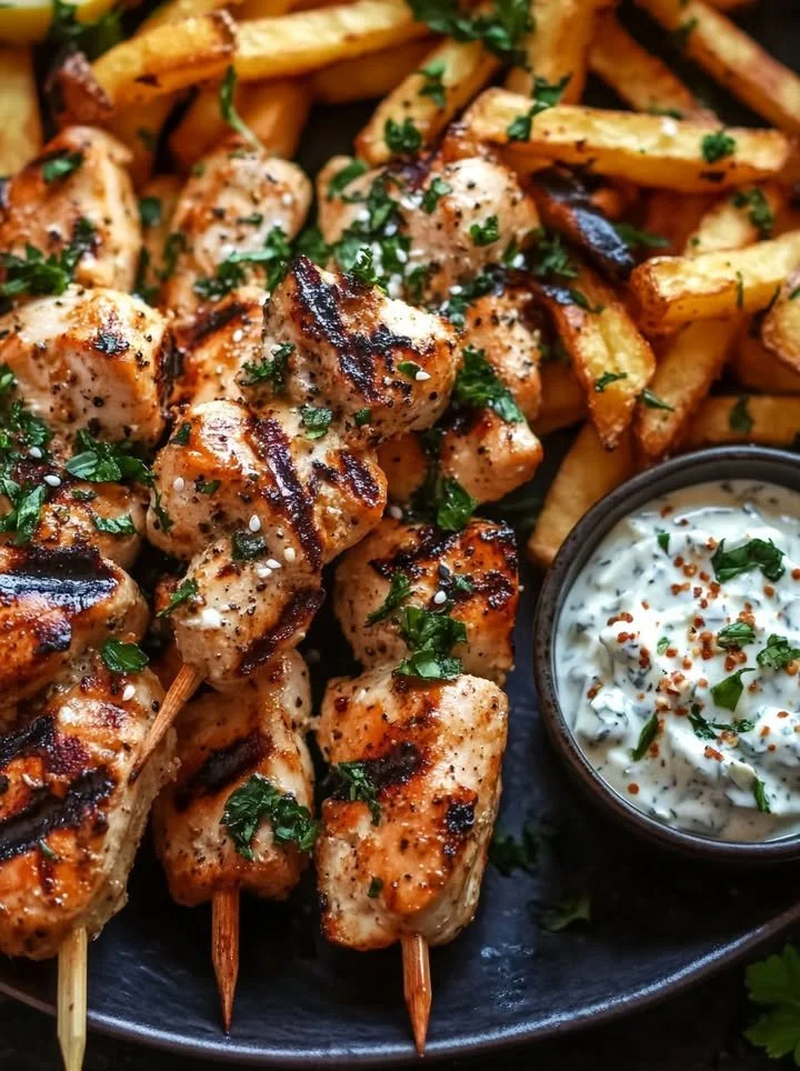 Delicious Tzatziki Chicken Skewers served with crispy herb feta fries