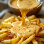 Creamy cheese sauce poured over crispy fries in a serving bowl