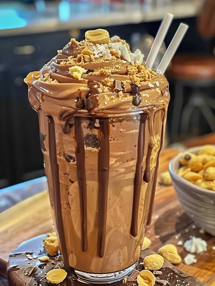 Ultimate chocolate peanut butter shake topped with whipped cream and chocolate drizzle.