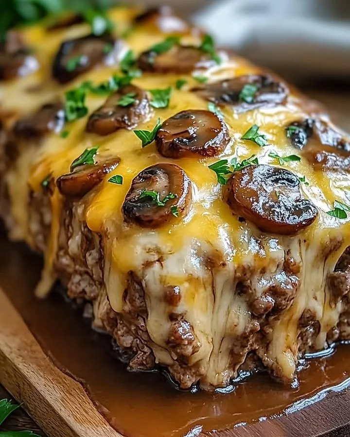Ultimate Mushroom Swiss Cheese Meatloaf served hot