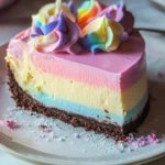 Slice of Unicorn Fudge Cheesecake with vibrant colors and decorative toppings