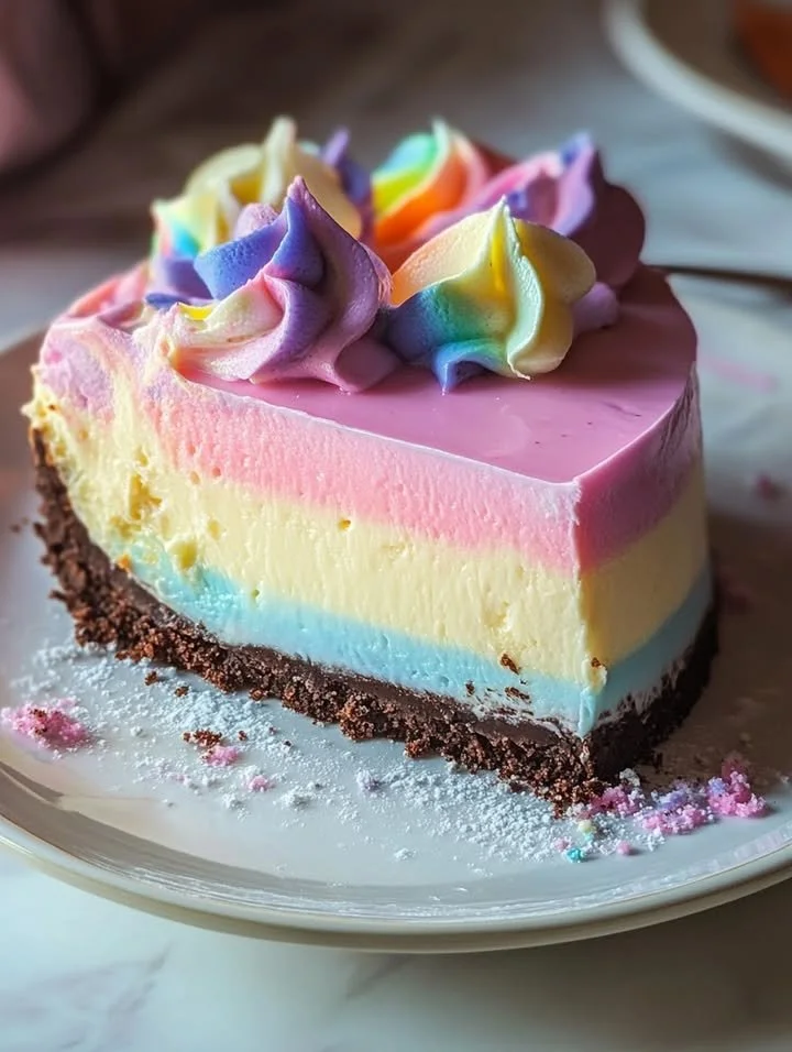 Slice of Unicorn Fudge Cheesecake with vibrant colors and decorative toppings